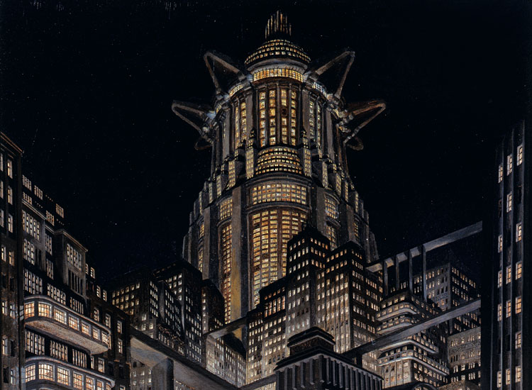 Erich Kettelhut, bozzetto per la scenografia di Metropolis di Fritz Lang (1925), olio e smalto su cartone